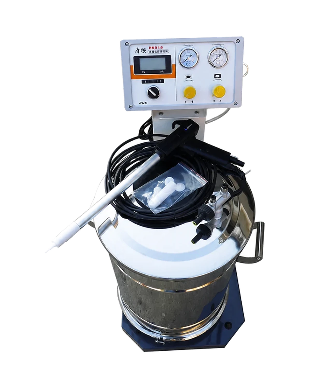 HN919 tribo controller, friction-charging gun and powder hopper configuration